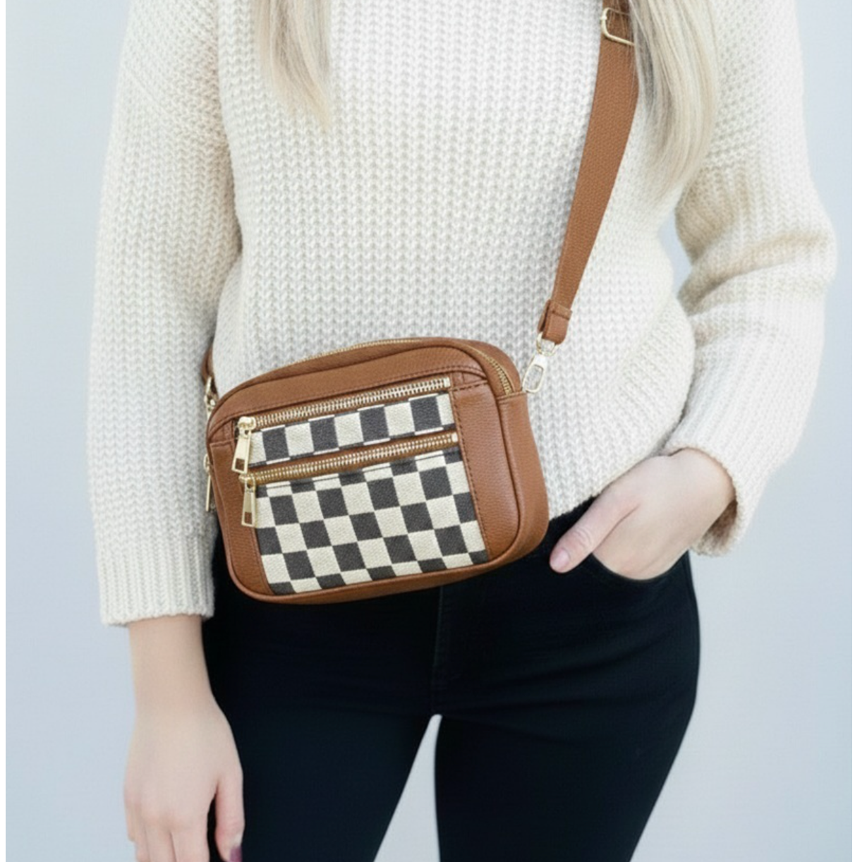 Camel Checkered Crossbody Shoulder Bag
