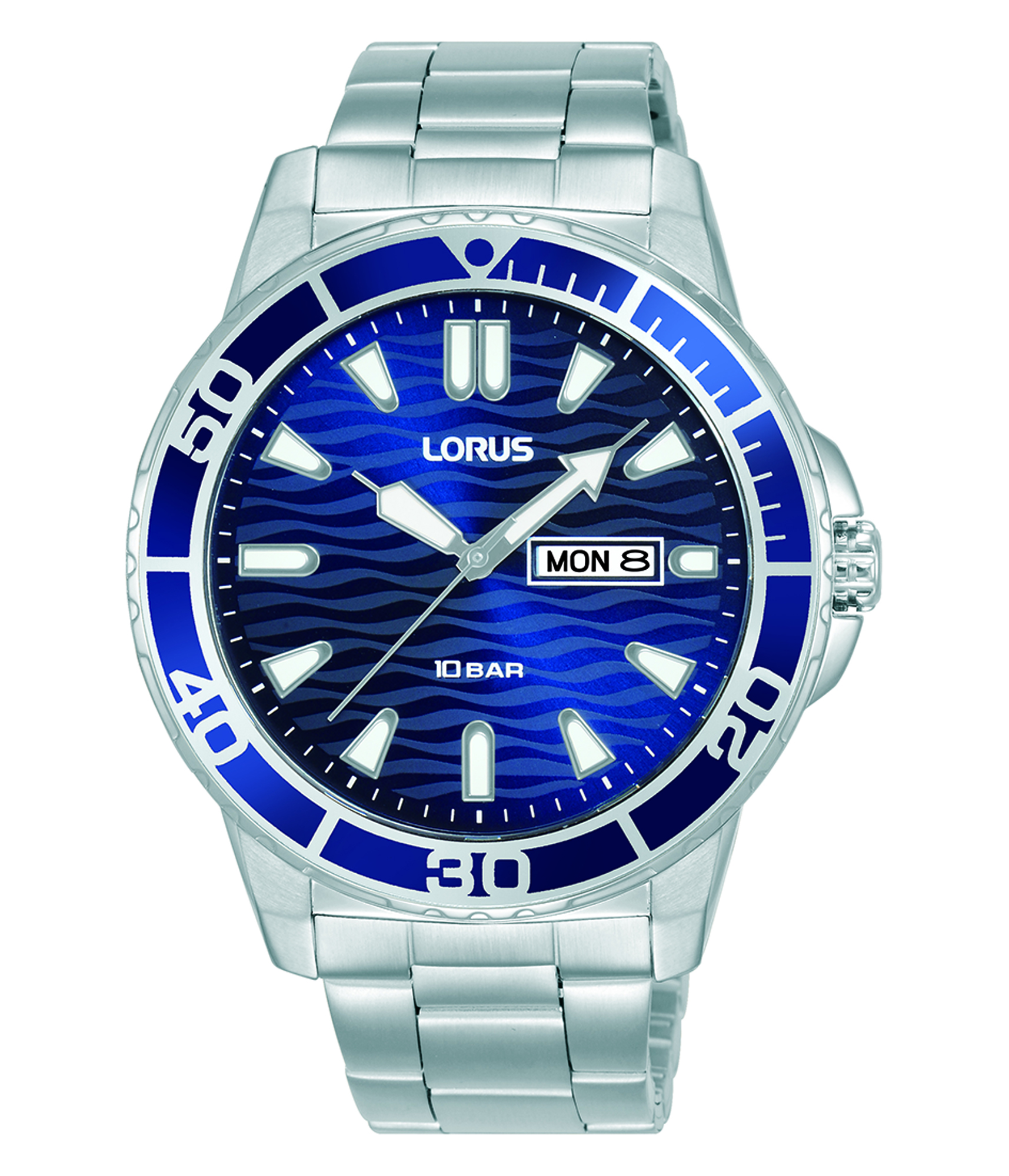 Montre quartz homme bracelet et boitier acier fond bleu