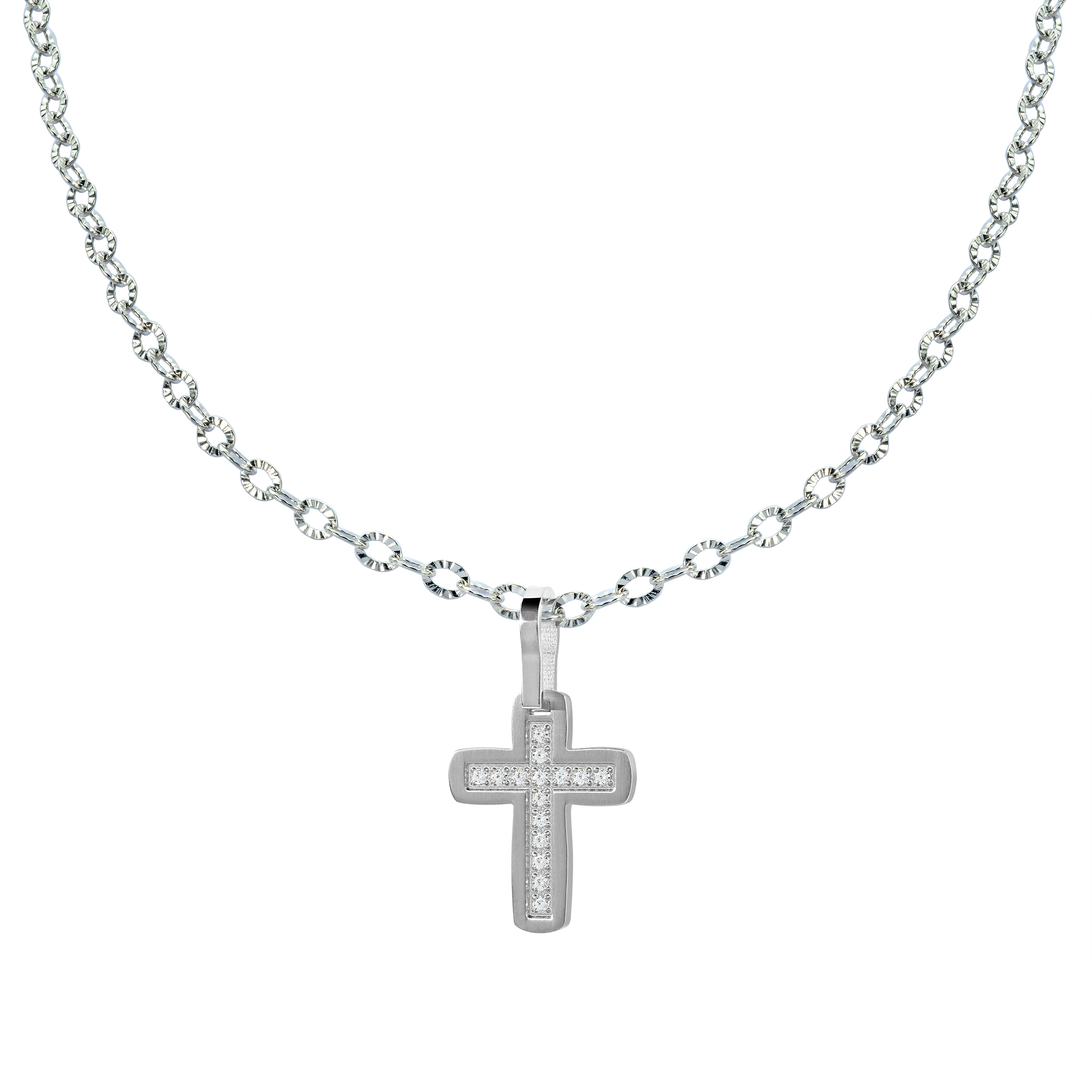CHAÎNE ACIER ET PENDENTIF CROIX SERTI DE CUBIQUES