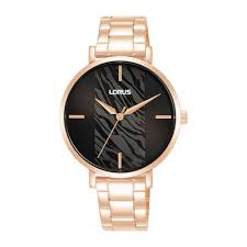 Montre dame quartz boitier et bracelet acier cuivré fond noir