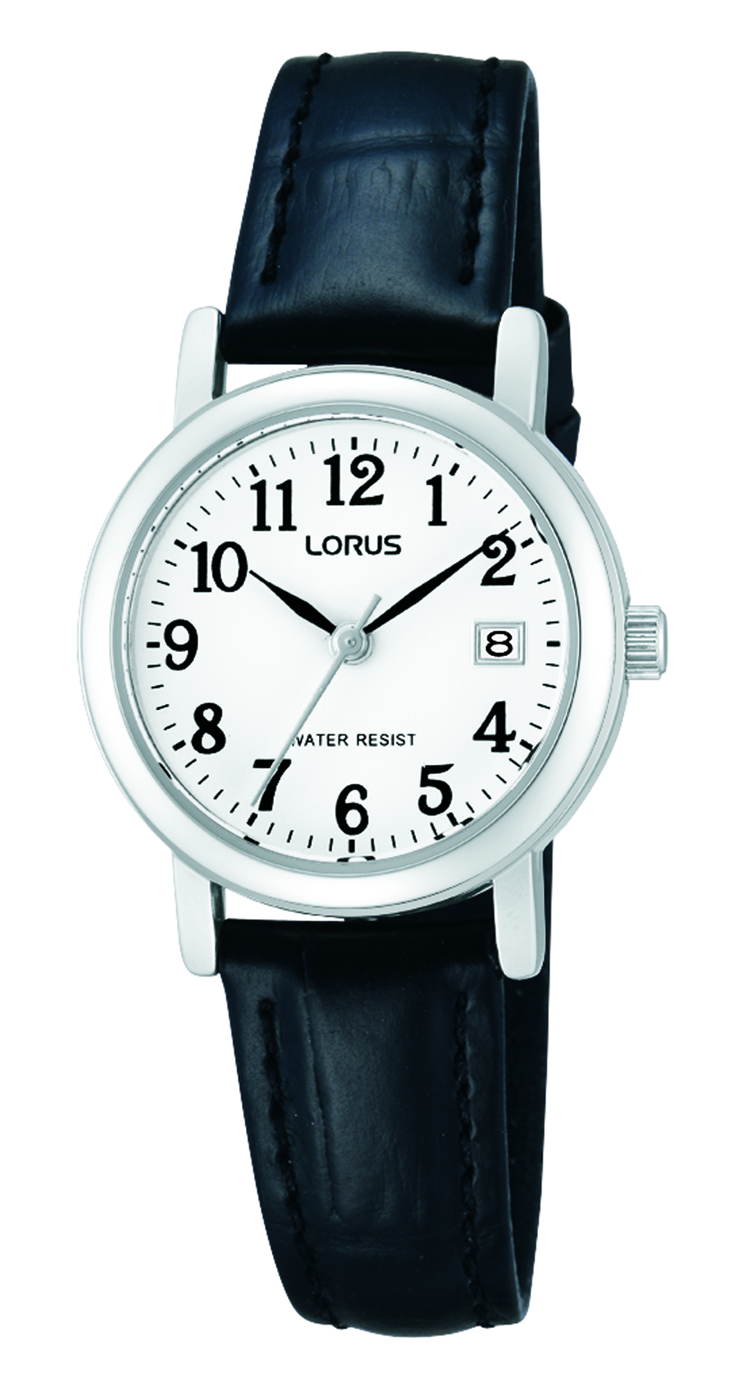 Montre quartz dame boitier acier et bracelet cuir fond blanc avec date
