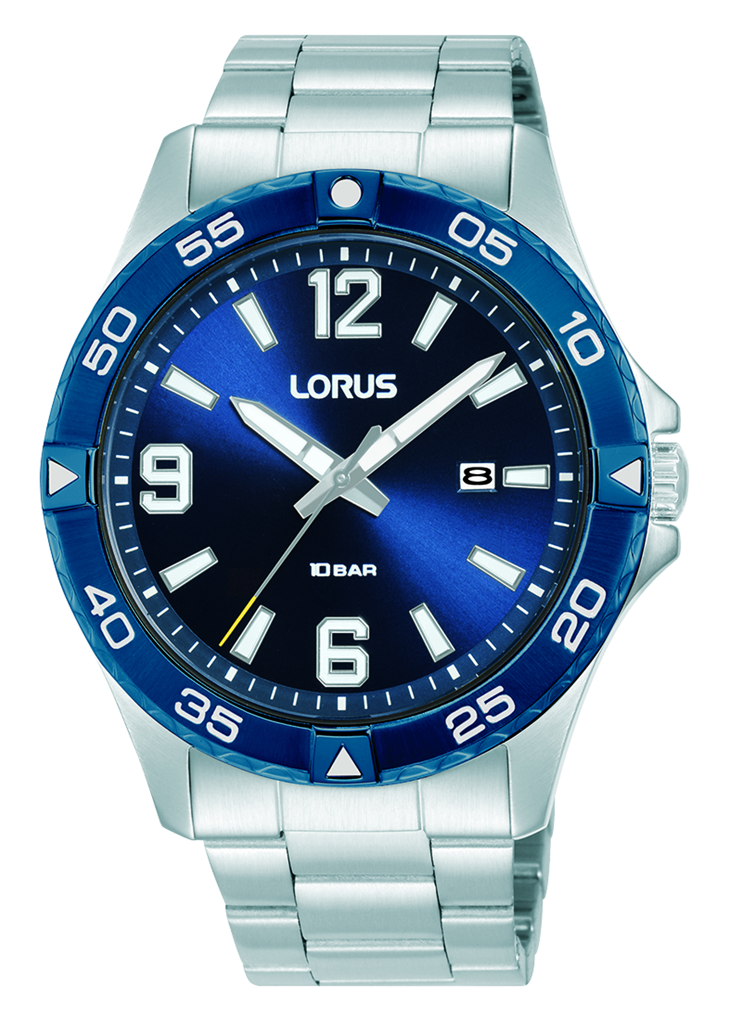 Montre homme quartz boitier et bracelet acier fond bleu et date