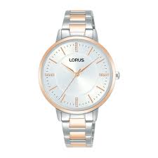 Montre dame quartz boitier et bracelet 2 tons acier et cuivré avec fond blanc