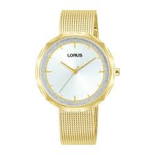 Montre dame quartz boitier et bracelet acier doré fond blanc