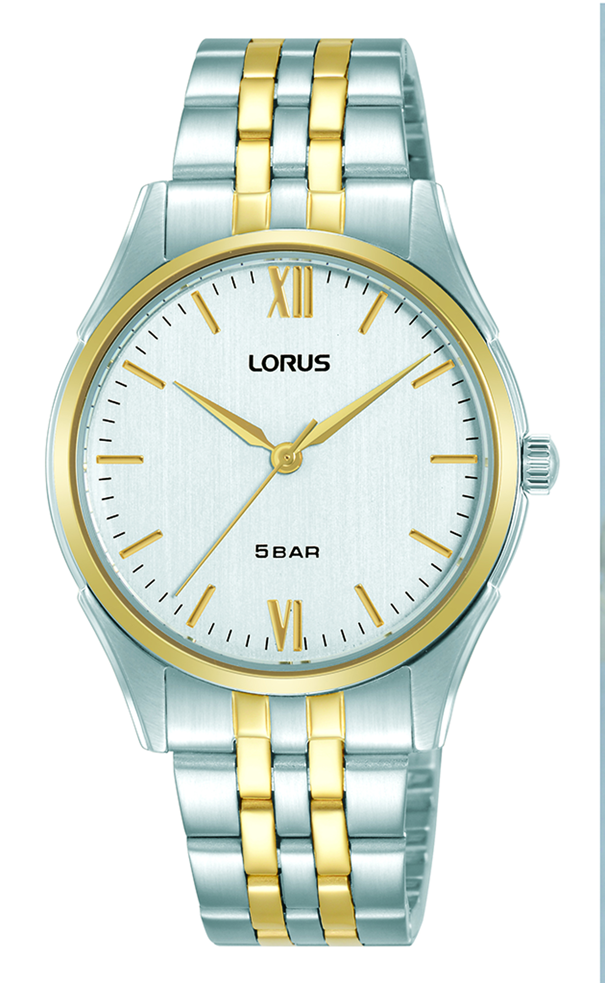 Montre dame quartz boitier et bracelet 2 tons acier et doré fond blanc