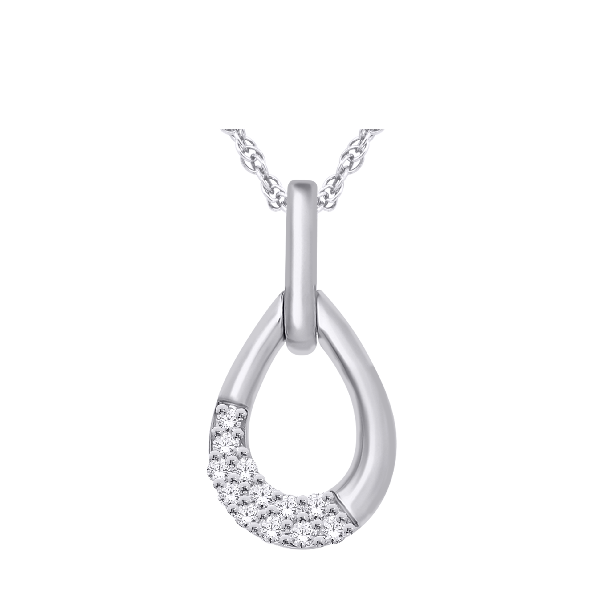 Pendentif or blanc 14k or blanc forme goutte ajoure et diamants