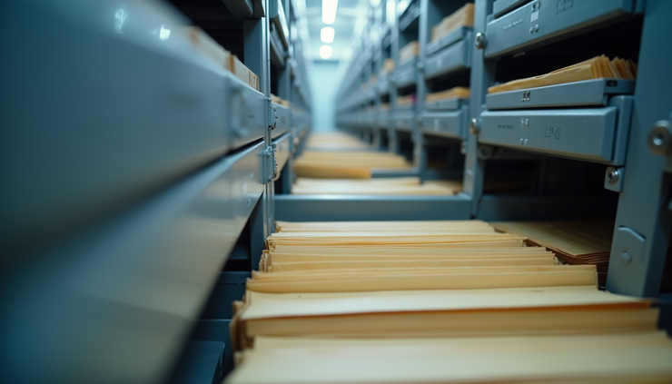 Eye-level view of a modern mail sorting machine organizing envelopes efficiently