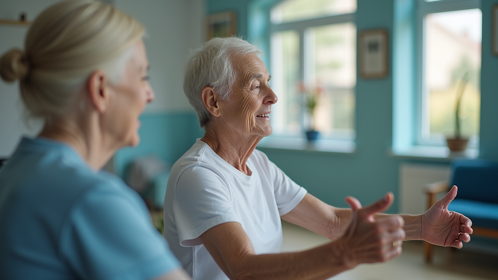 Eye-level view of an elderly person performing exercises with a physiotherapist
