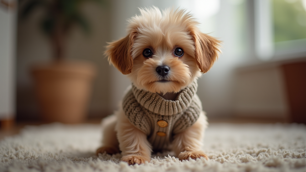 Eye-level view of a small dog wearing a trendy sweater