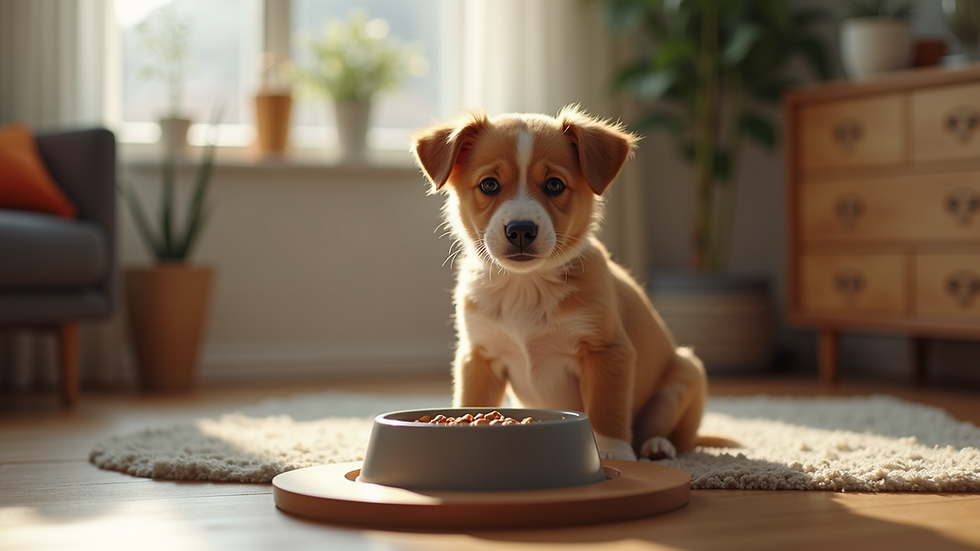 Eye-level view of a happy dog eagerly waiting for its meal