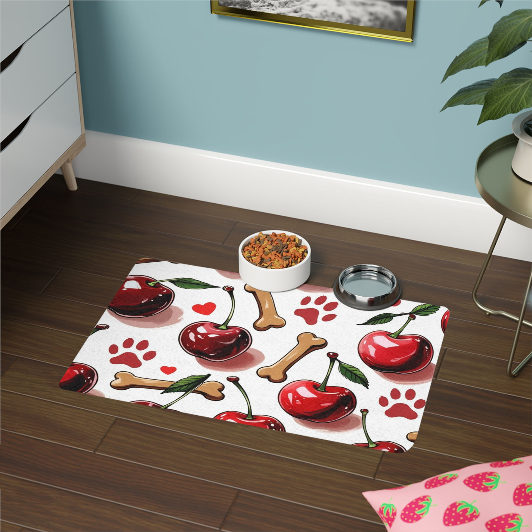 Cute Cherry and Bone Pet Food Mat
