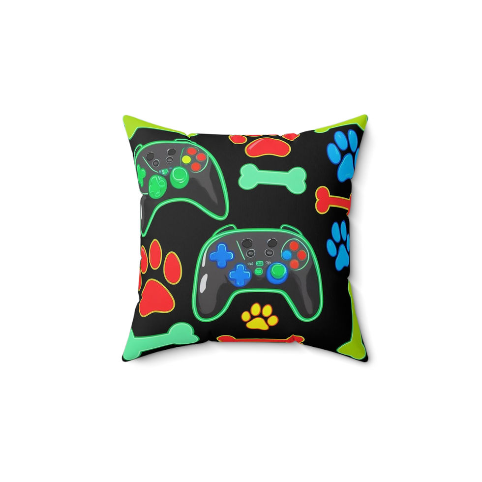 Thumbnail: Gaming & Pet Lover Square Pillow - Bright Controller & Paw Design
