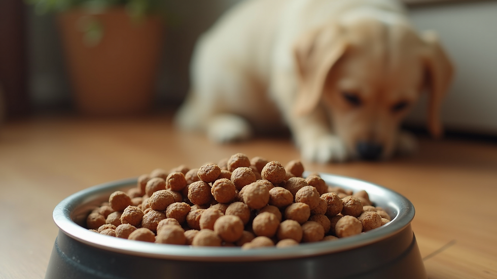 Eye-level view of a dog food bowl filled with kibble