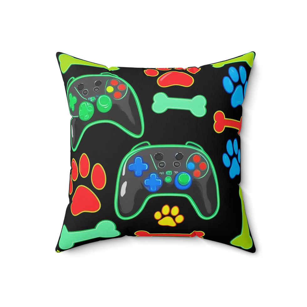Thumbnail: Gaming & Pet Lover Square Pillow - Bright Controller & Paw Design