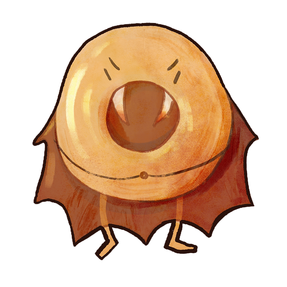 Sticker design of a halloween themed doughnut, showing sharp teeth and a dracula cape.
