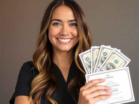 Smiling Arizona laser technician holding cash, illustrating the $28–$35 per hour pay for a laser tech career in 2026