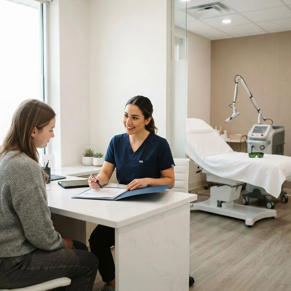 Admissions advisor in navy scrubs reviewing an enrollment folder with a prospective student at a laser training clinic, with a treatment bed, aesthetic laser device and safety goggles in the background