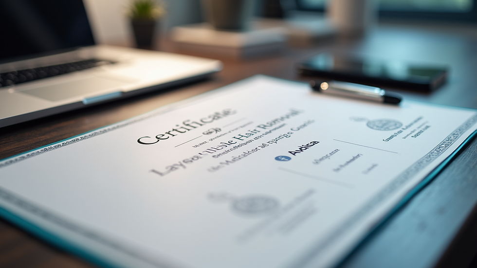High angle view of a certificate of laser hair removal training on a desk