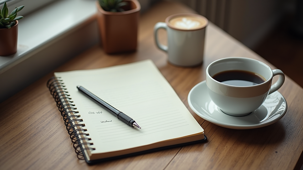 High angle view of a study desk with a notebook, pen, and a cup of coffee