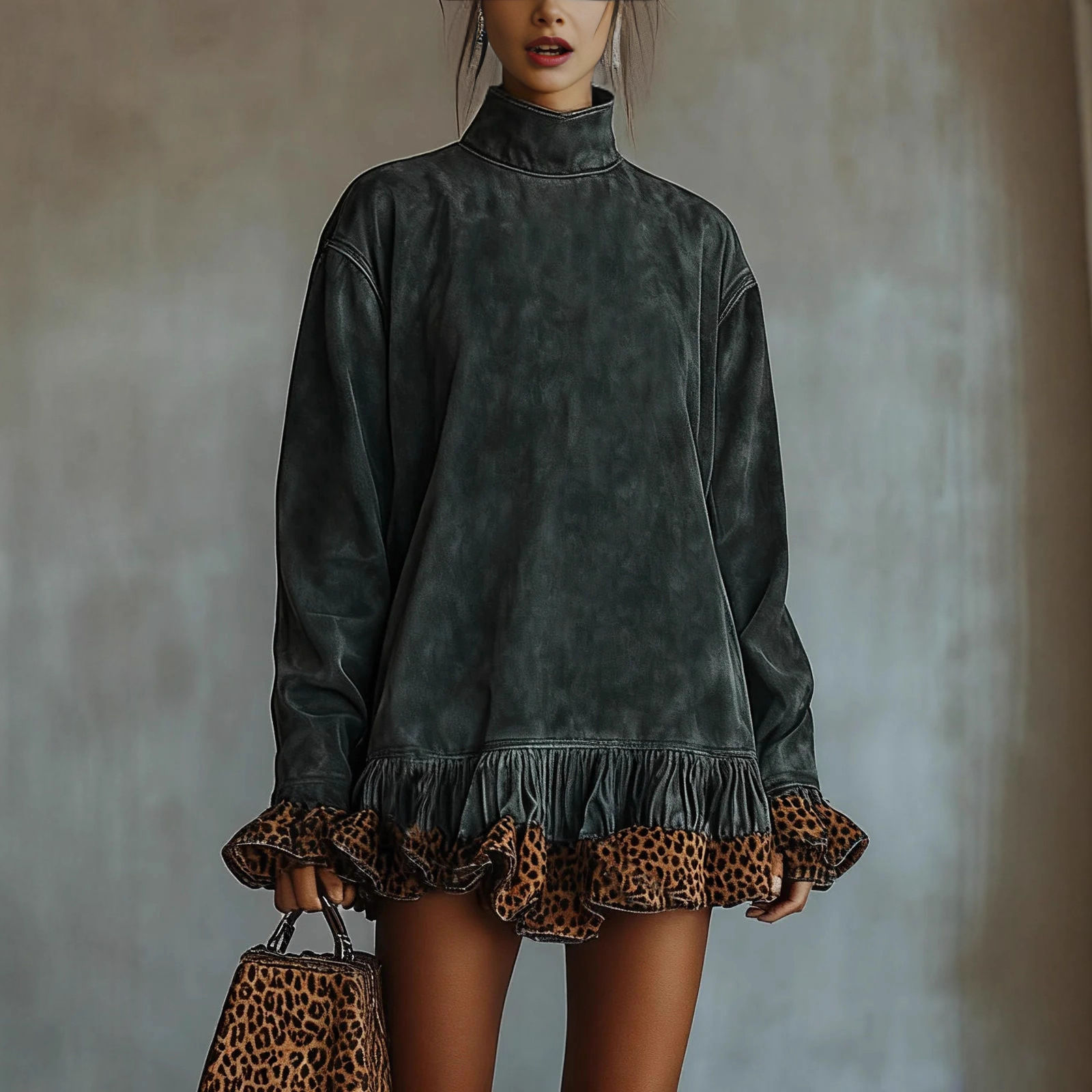 Turtleneck Leopard Trim Dress for Women's Long Sleeve Suede Velvet Flare Sleeve 