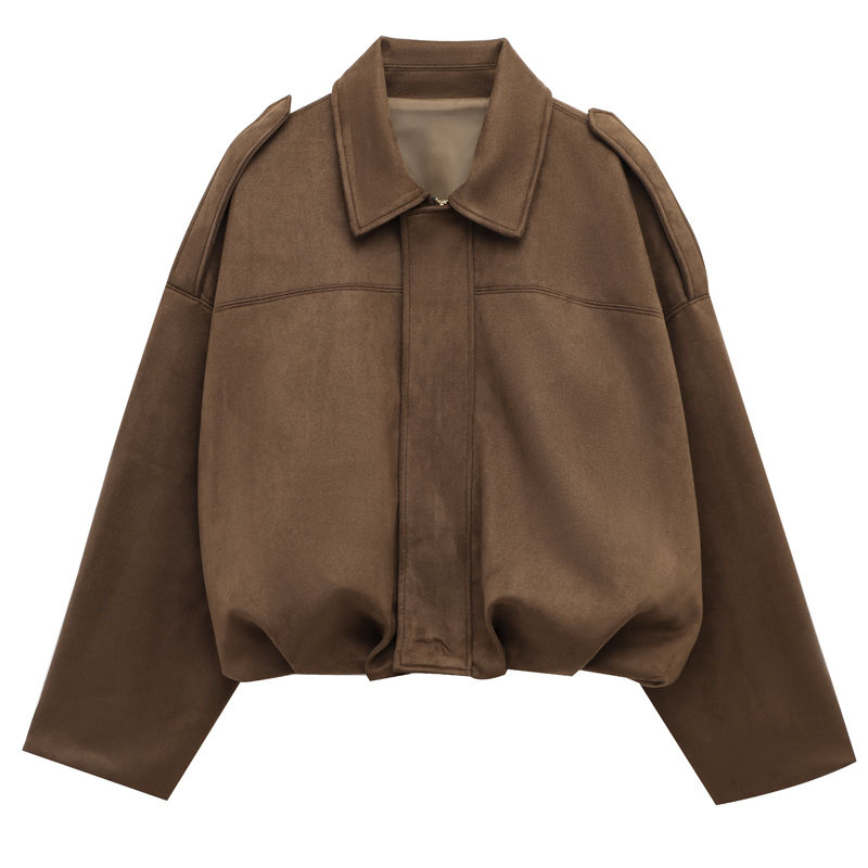 Thumbnail: HXAO Women's Bomber Jacket Lapel Long Sleeve Zipper Suede Jacket Women 2025 High