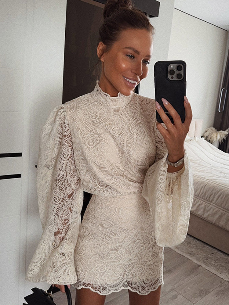 Trendy Lady Hollow Out Lace Mini Dress Elegant 2025 New Long Sleeve Designs Chic