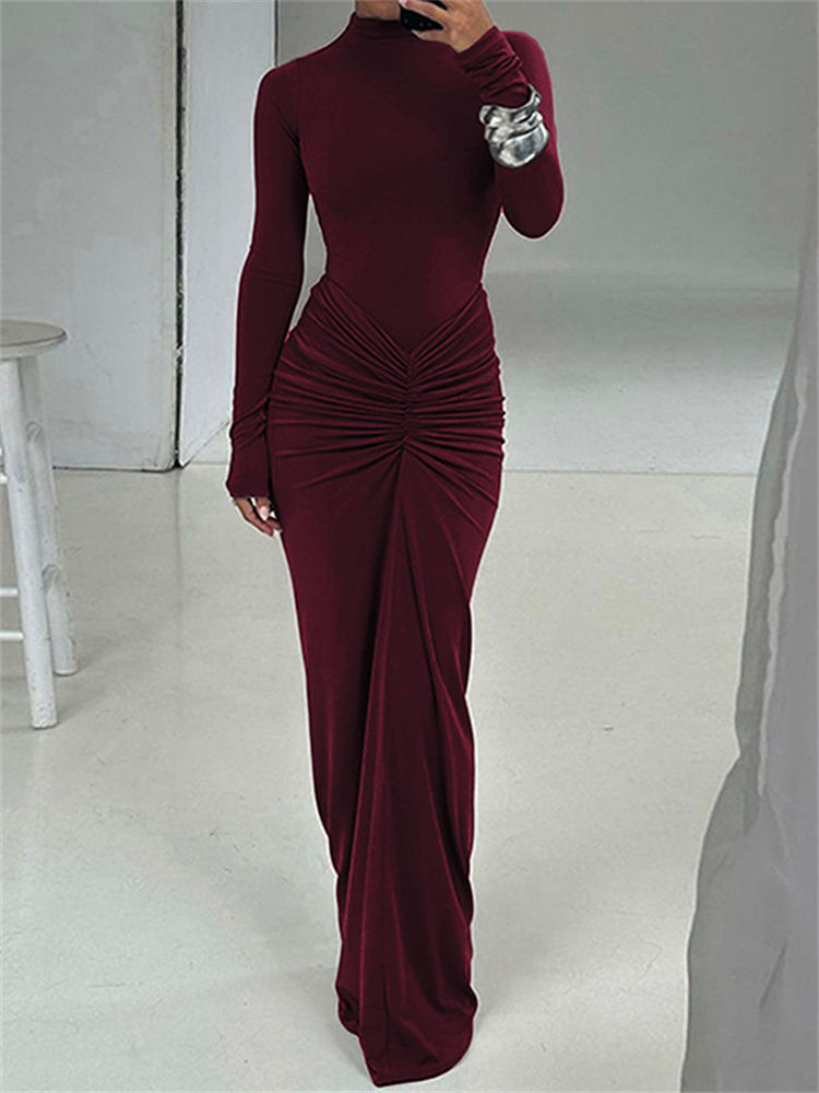 Thumbnail: kliou Shirring Women Classic Maxi Dress Autumn New Solid Long Sleeve High Collar