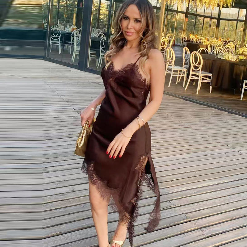 Thumbnail: HXAO Lace Asymmetric Slip Dress Women's Dress Summer Black Brown Dress Elegant P
