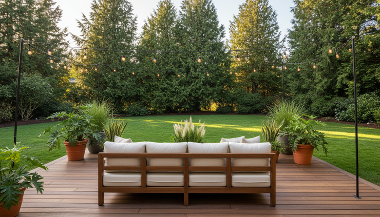 Wide-angle view of a clean backyard patio with seating and soft exterior lighting