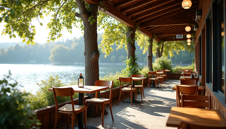 Eye-level view of a cozy waterfront coffee shop patio overlooking Lake Washington