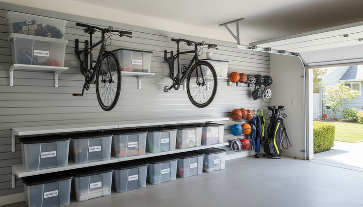 Eye-level view of an organized garage wall with bikes and storage shelves