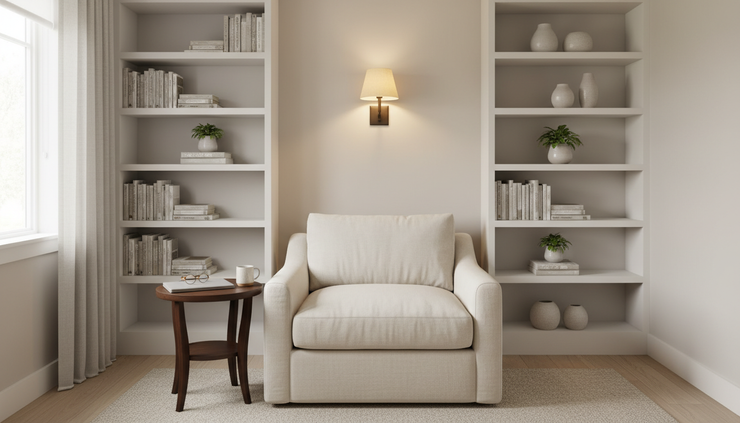 Eye-level view of a quiet study nook with built-in shelves and a comfortable chair