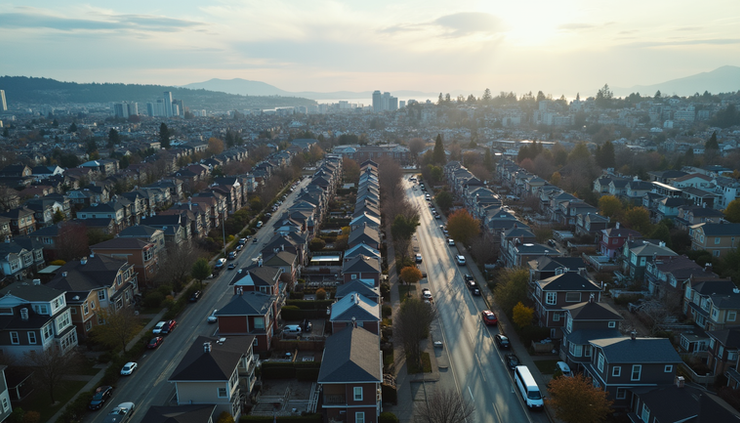 Pogled iz ptičje perspektive na stambeni kvart u Sijetlu sa vidljivim stanovima i kućama