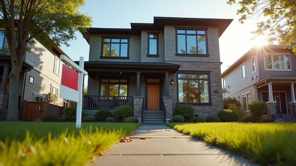 Eye-level view of a modern Seattle home with a "For Sale" sign in the front yard