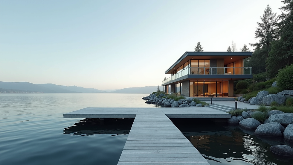 Wide angle view of a modern waterfront home with a private dock on Puget Sound