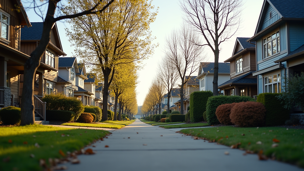 Eye-level view of modern Seattle neighborhood with houses and trees