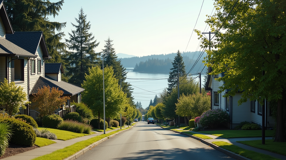 Eye-level view of a modern Puget Sound neighborhood with houses and greenery
