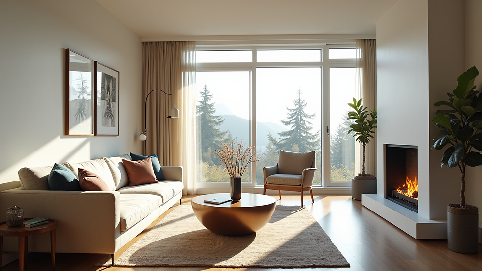 Wide angle view of a cozy Seattle living room with large windows and natural light