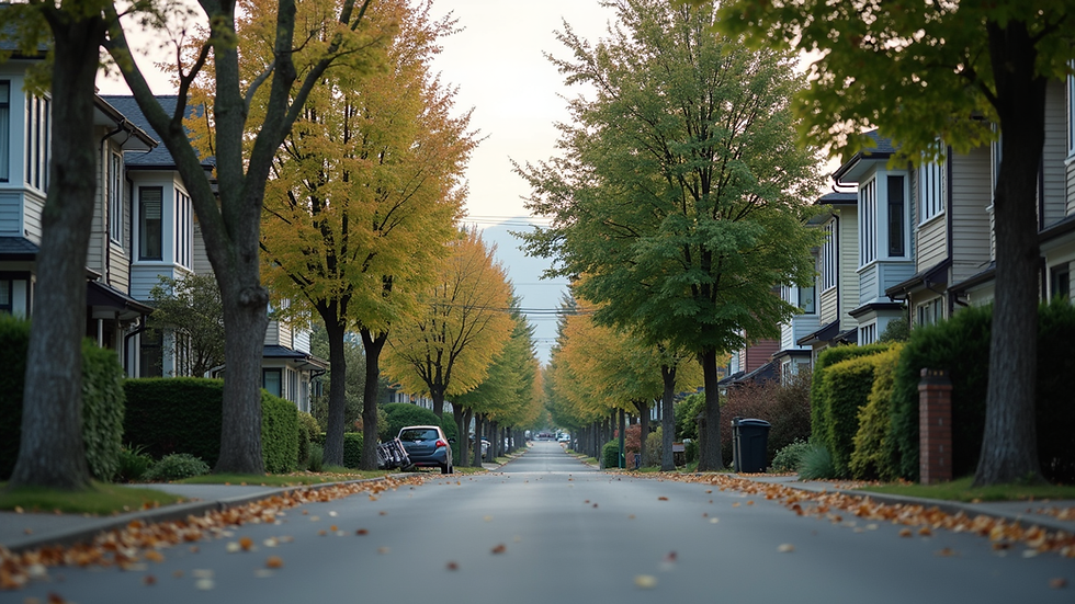 Eye-level view of a modern Seattle neighborhood street with houses and trees