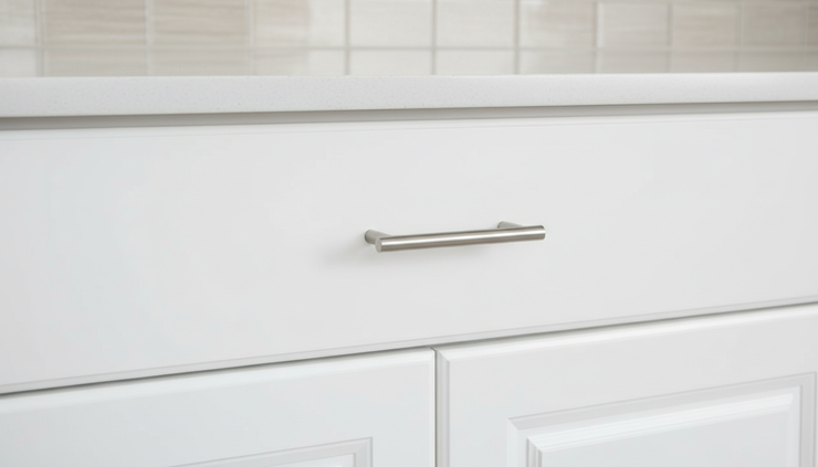 Close-up of modern cabinet hardware on clean white kitchen cabinets