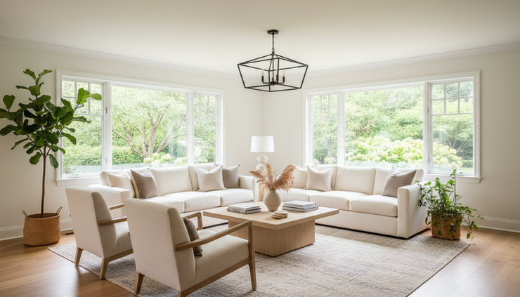 Wide-angle view of a bright living room with fresh paint and updated lighting