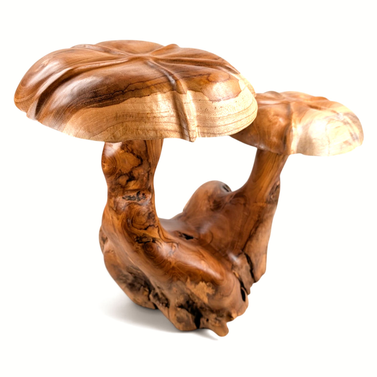 Two-Headed Teak Mushroom hand-carved by artisans
