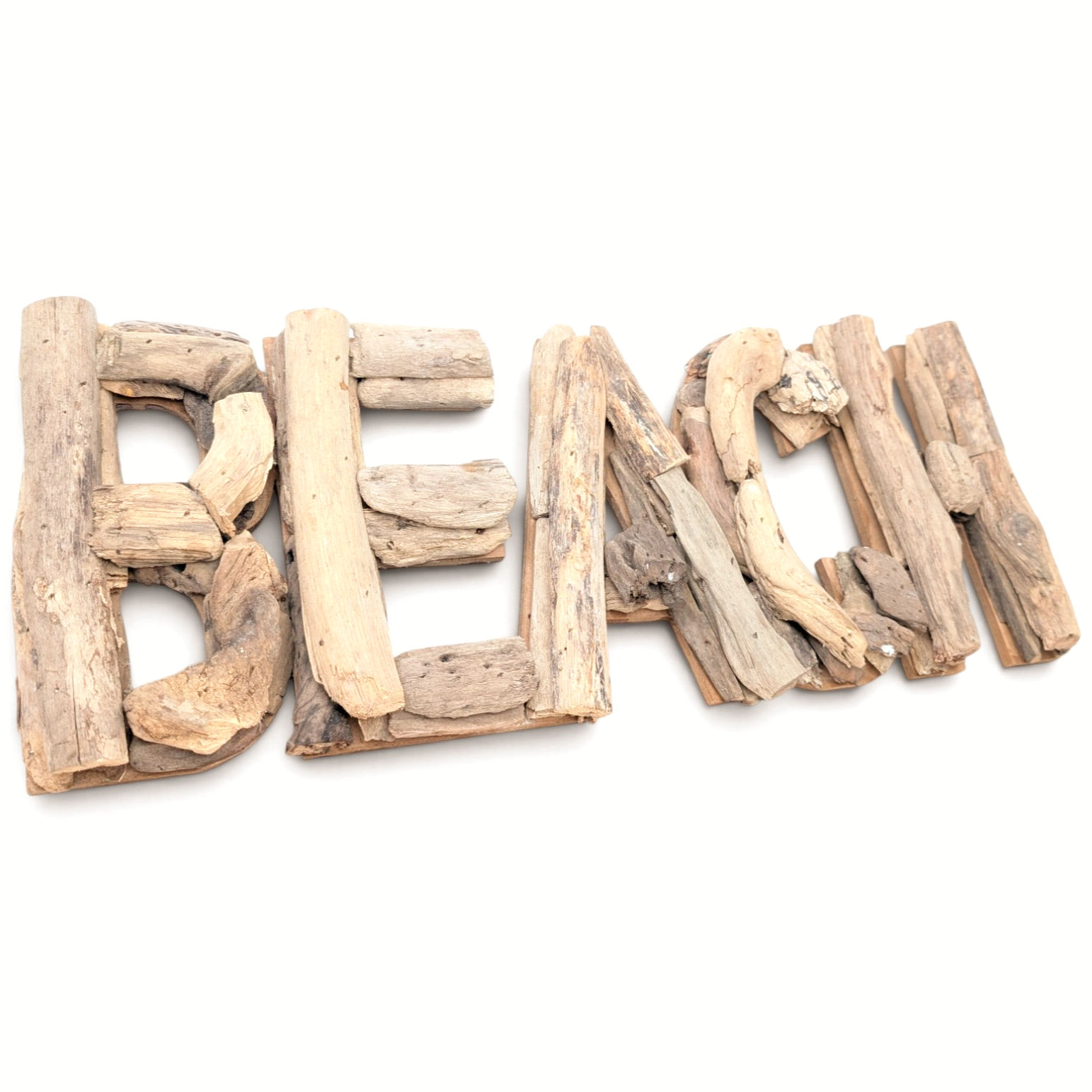 Joined driftwood wall sign spelling the word BEACH