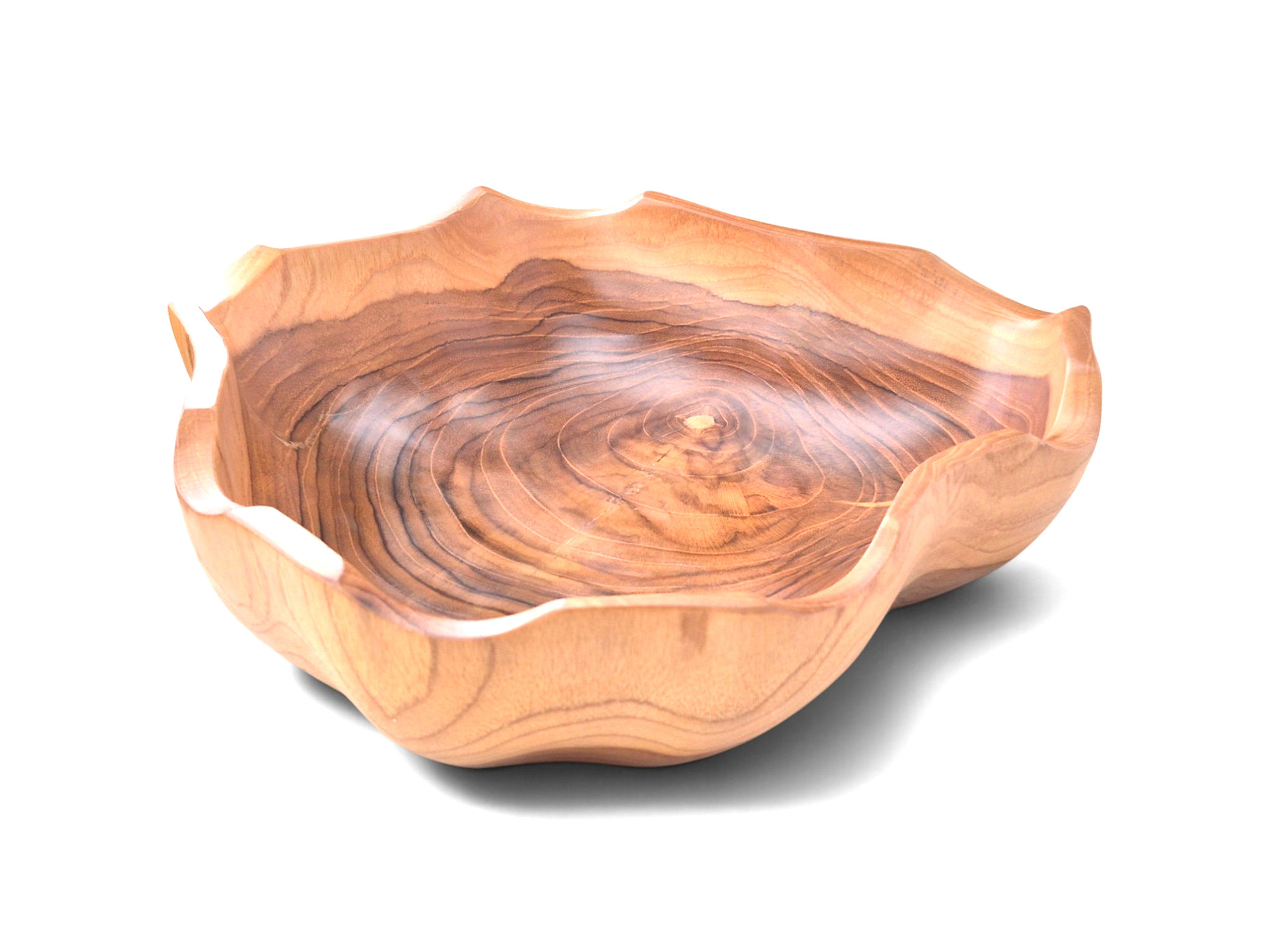 Wide teakwood centerpiece bowl featuring a deeply carved shallow basin