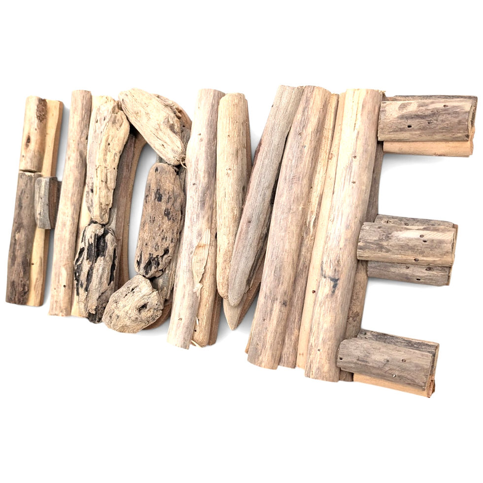 Thumbnail: Natural grain, knots, and worn edges across layered driftwood letters