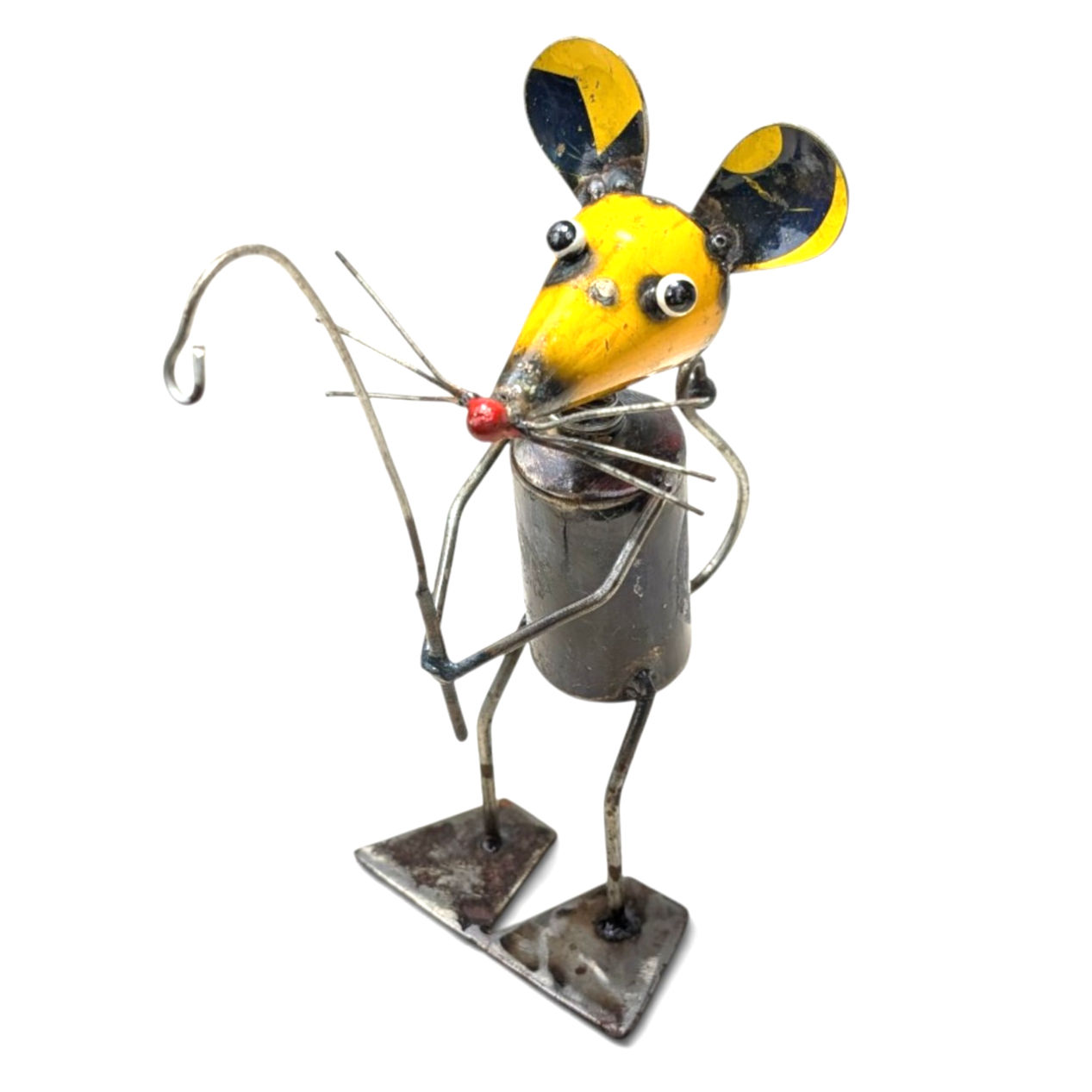 Handmade metal fishing mouse figurine holding a curved fishing pole