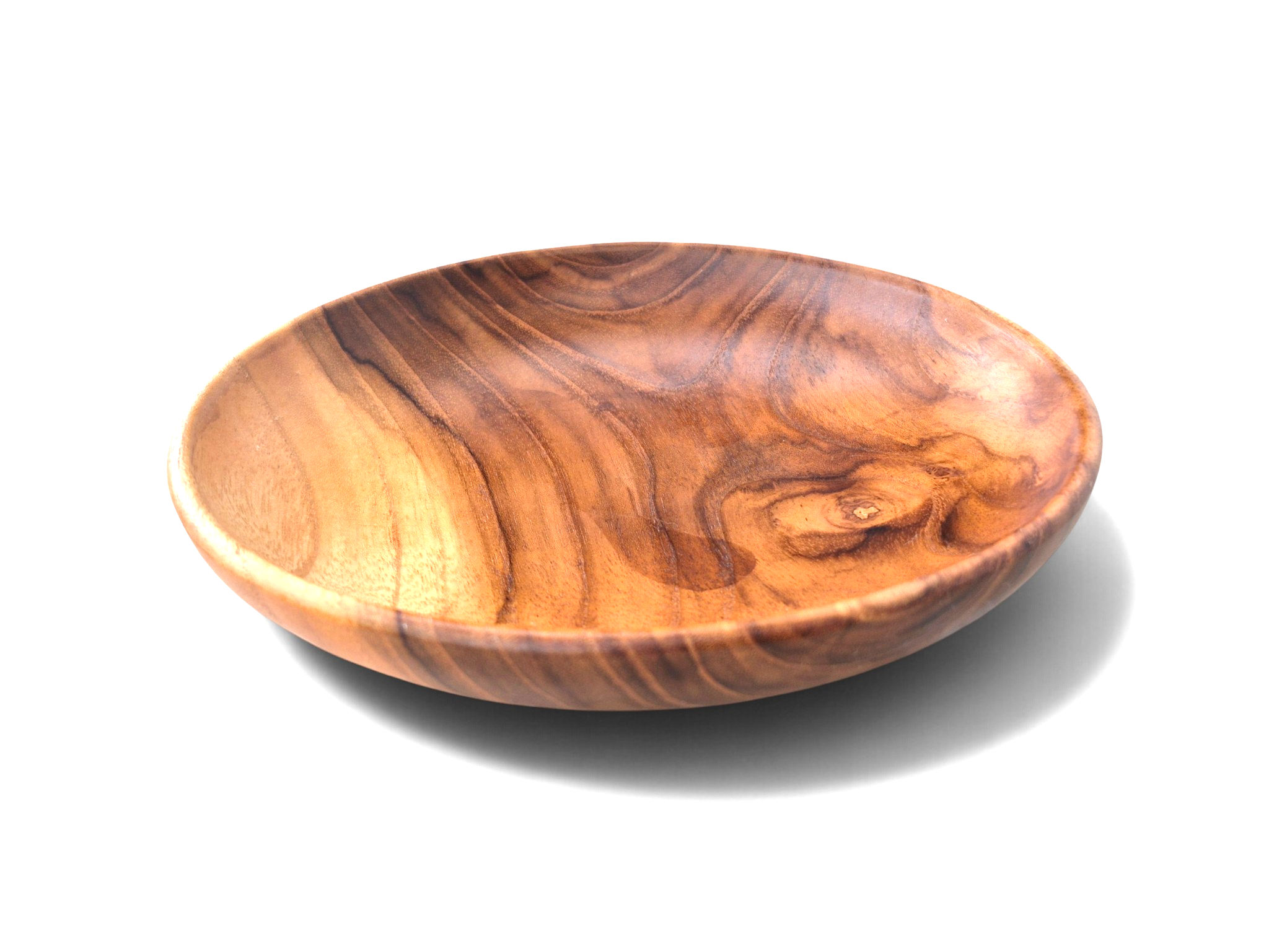 Shallow teak serving bowl with natural wood coloring