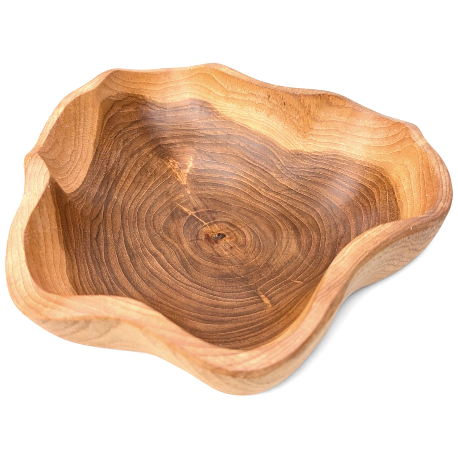 Handcrafted teakwood bowl with a sculpted wavy rim