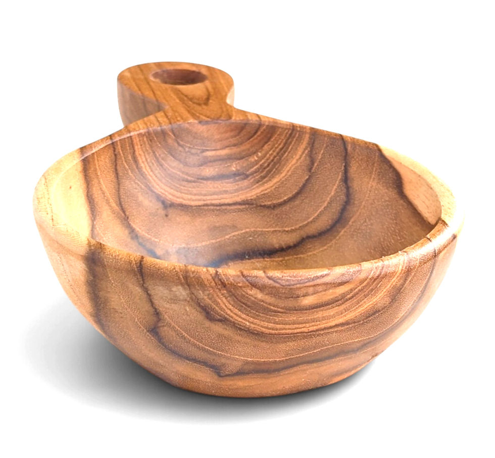 Thumbnail: Front angle of a dark-streaked teak bowl with sweeping natural grain