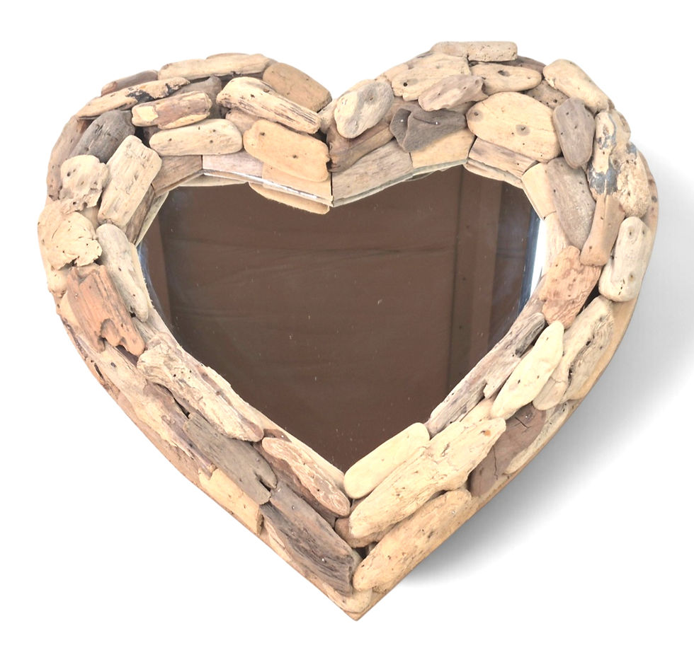 Driftwood heart mirror with a layered natural wood frame